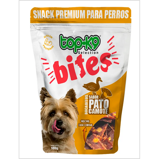 Bocaditos para perros Bites Top K9 de Mundotito sabor pato y camote, empaquetado de 100 gramos, visible en la imagen