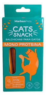 Salchichas monoproteicas para gato Atún de 15 g de la marca Mundotito, con imagen de las salchichas en el envase.