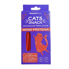 Salchichas monoproteicas para gato de bacalao de 15 g de la marca Mundotito, con ingrediente principal de pescado.