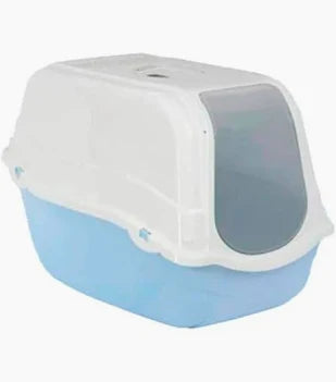 Arenero Romeo Celeste de Mundotito, con diseño moderno y amplio espacio para gatos, en color celeste y gris claro.