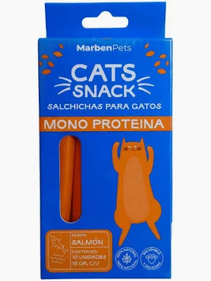 Salchichas monoproteicas para gato Salmon de Mundotito, paquete de 15 gramos, ideal para mascotas con dietas específicas.